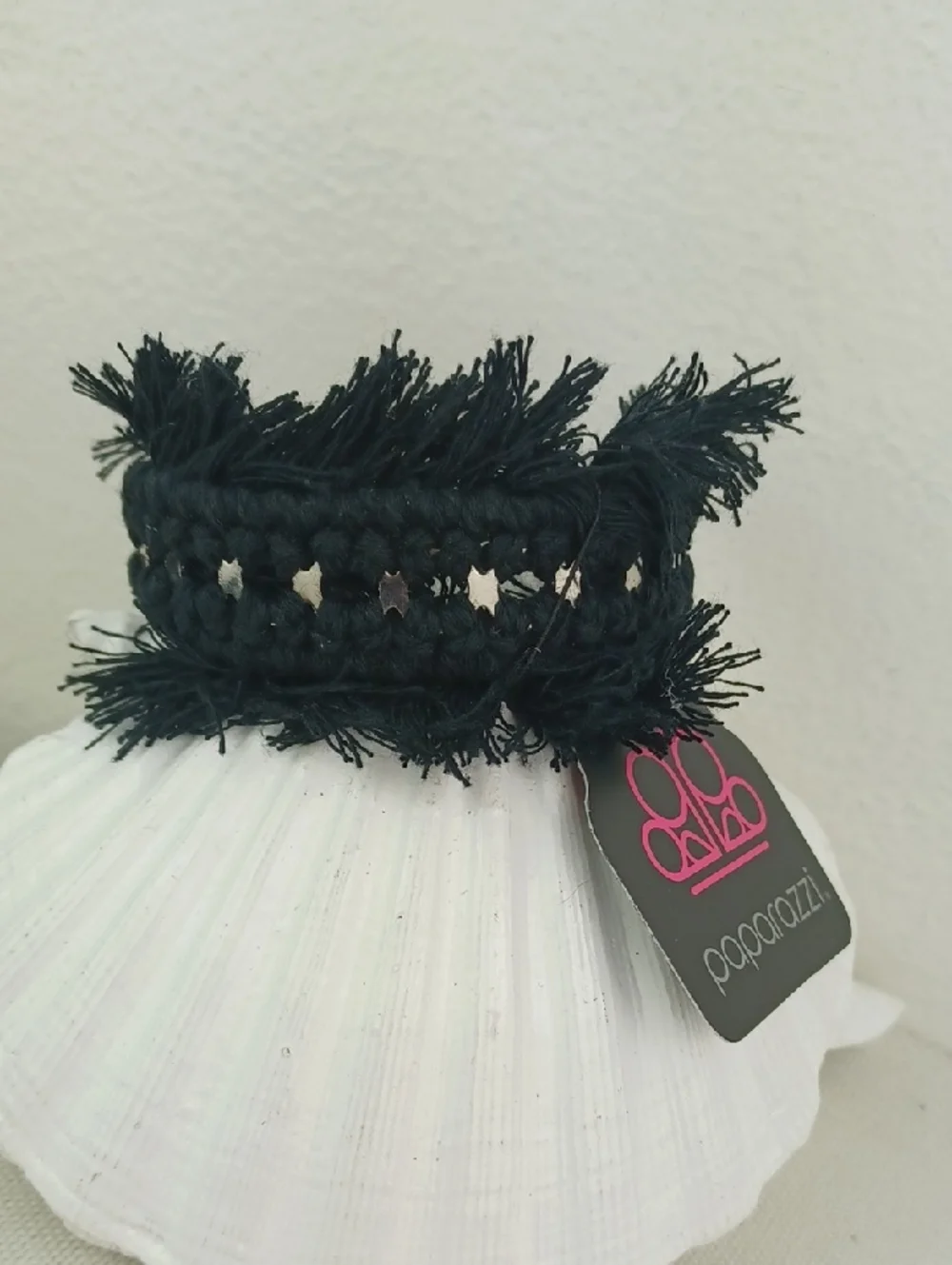 Black Thread Fringed Silver Metal Bling Crazy Awesome Woven Cuff Bracelet